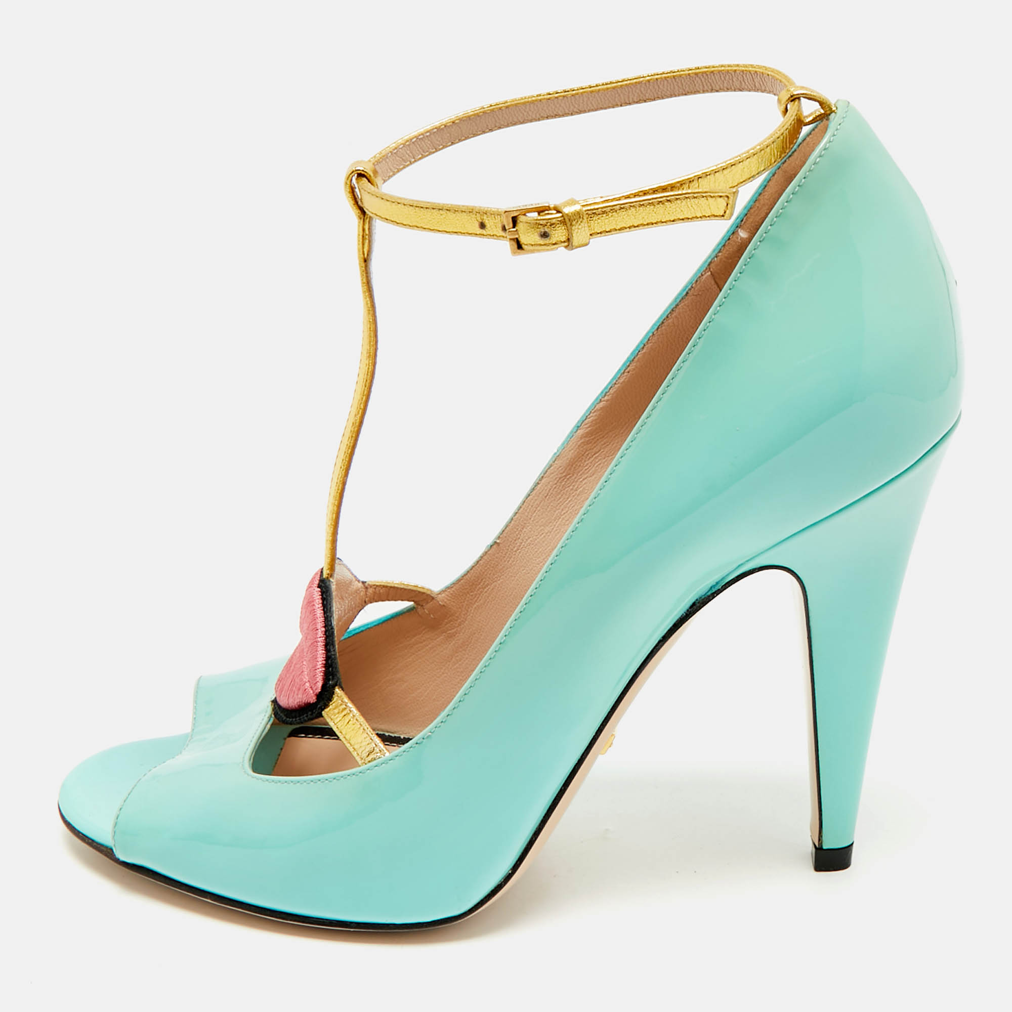gucci light turquoise patent leather molina peep toe pumps size 38