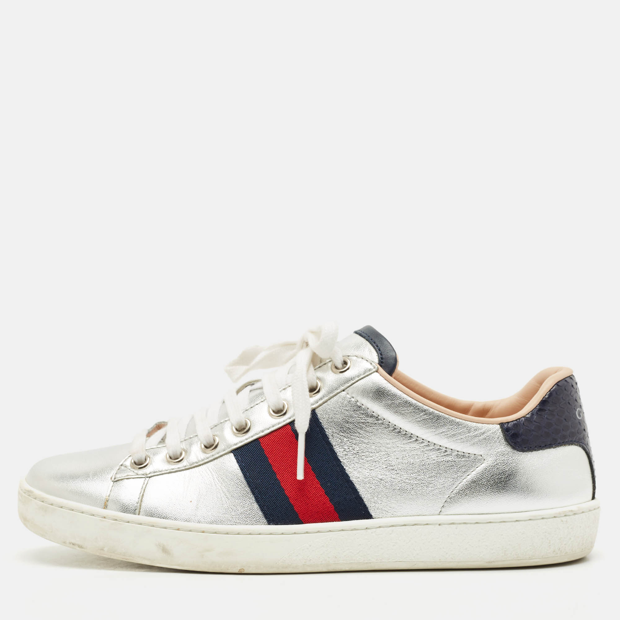 gucci silver leather web detail ace low top sneakers size 37