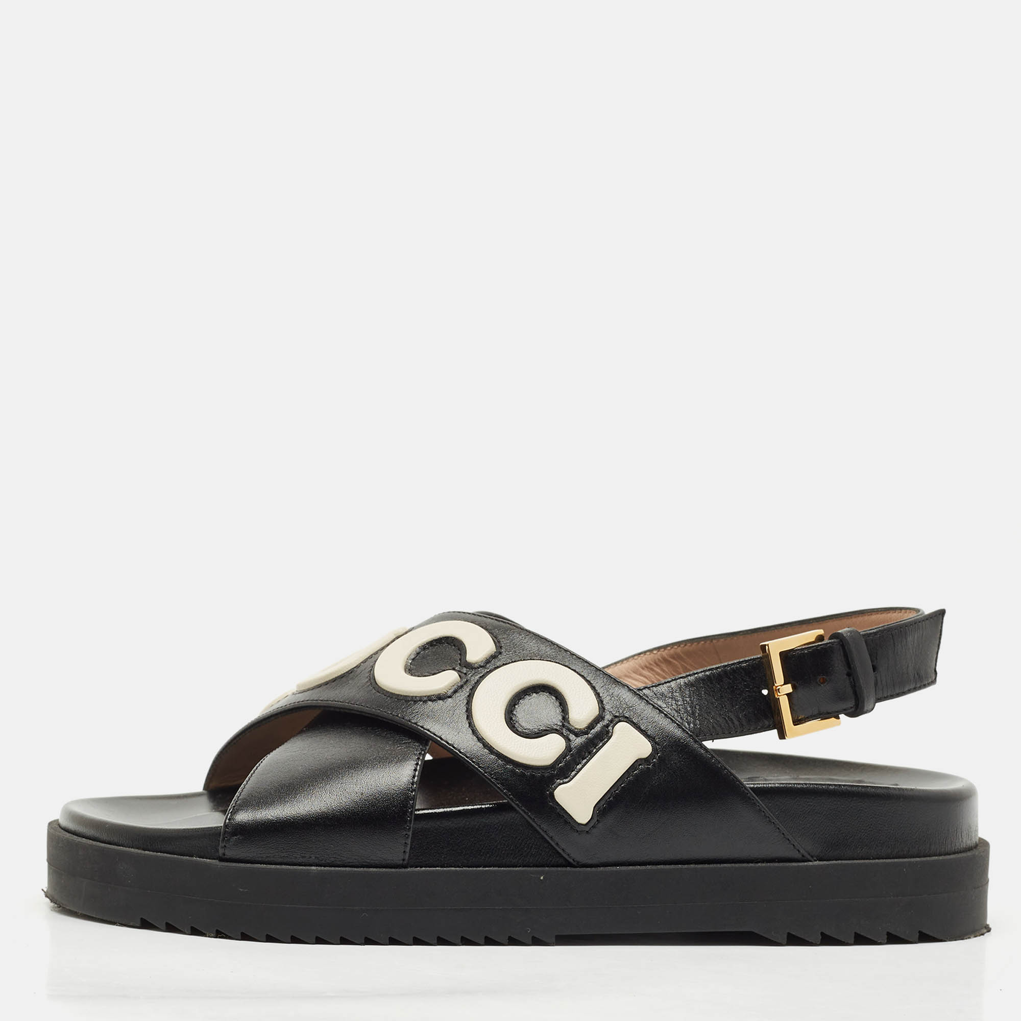 gucci black/white leather slingback flat sandals size 38.5
