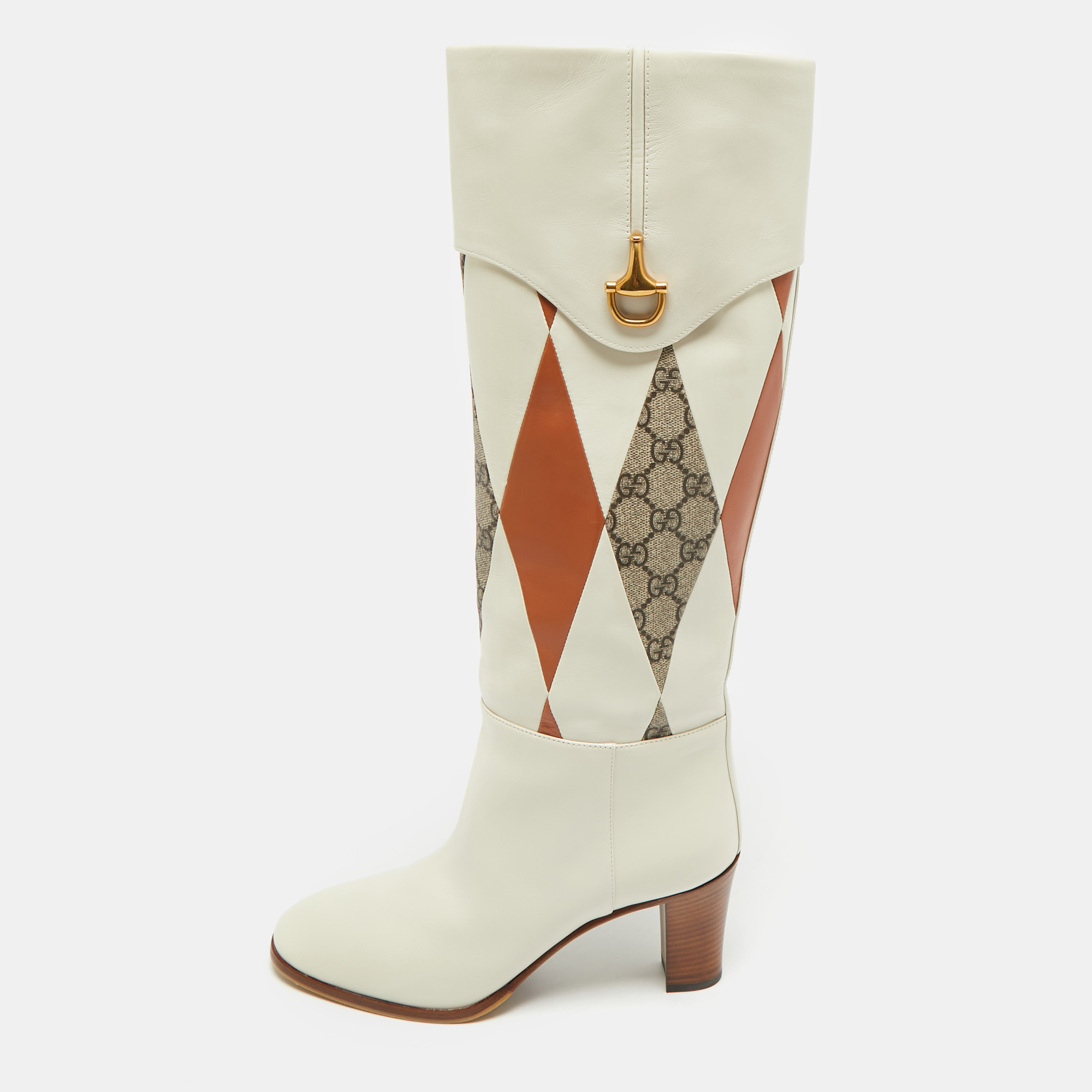 gucci multicolor leather and gg supreme canvas knee length boots size 38.5