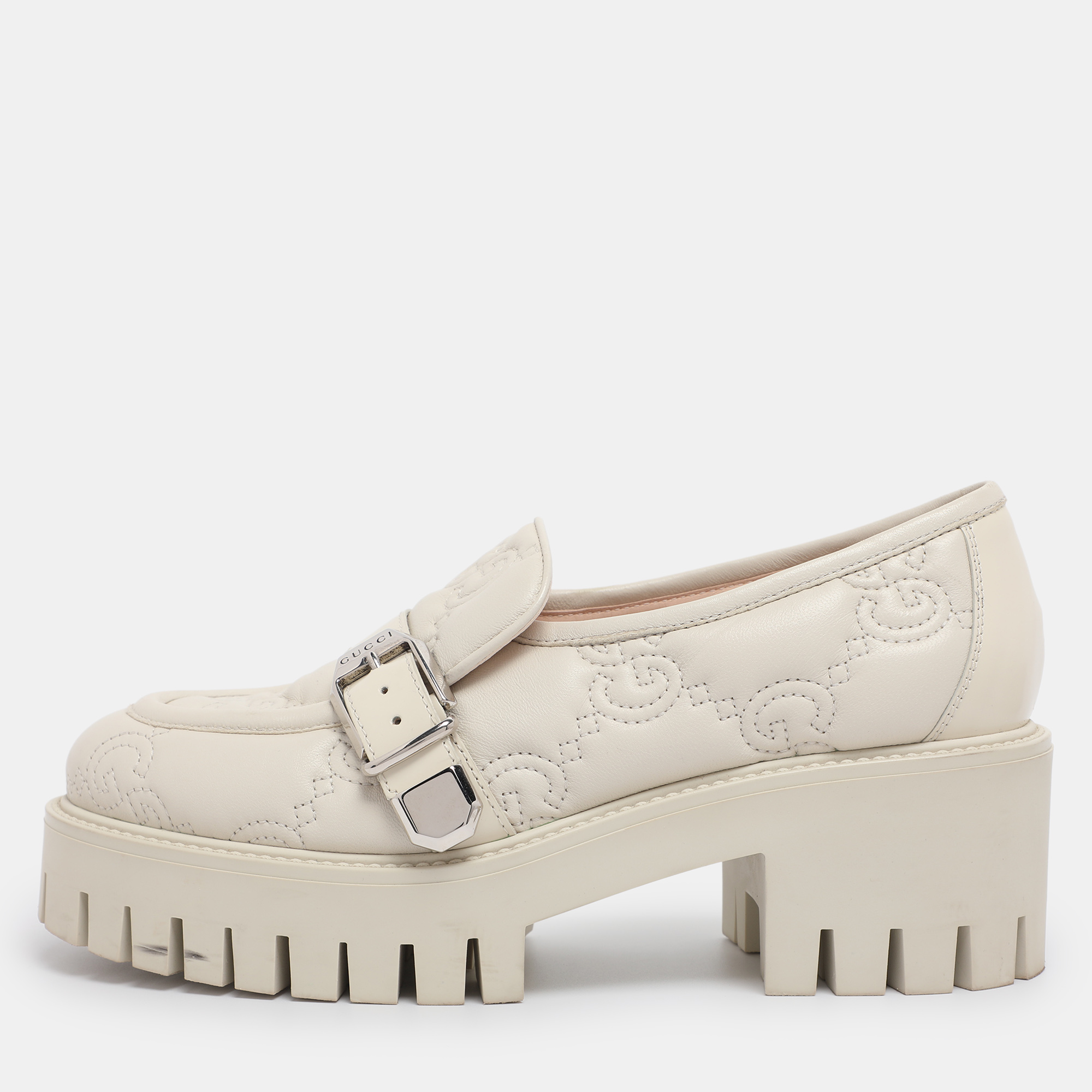 gucci white matelasse leather buckled platform loafers size 38.5