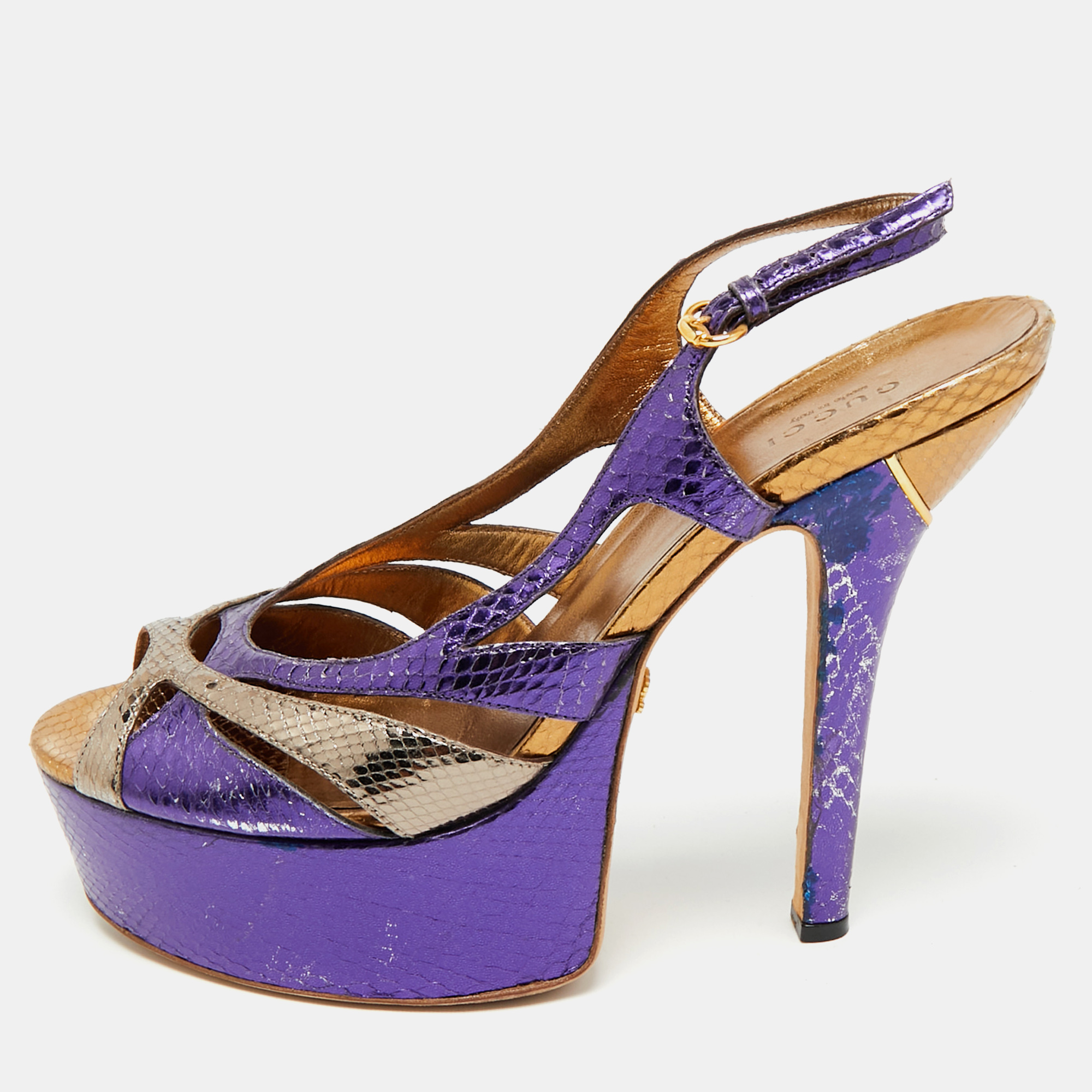 gucci blue/gold snakeskin embossed leather ankle strap sandals size 39.5