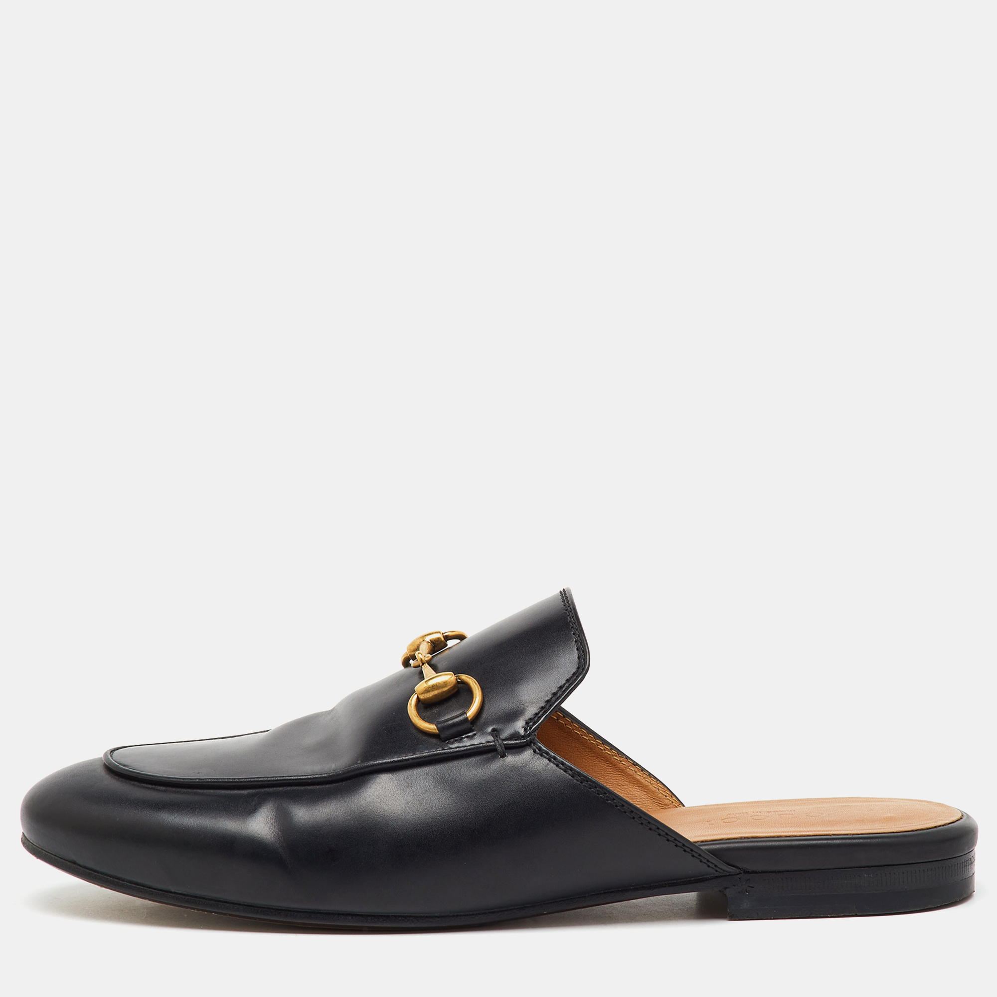 gucci black leather princetown horsebit flat mules size 36.5