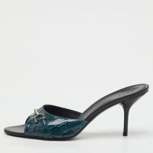 gucci navy blue gg patent leather horsebit slide sandals size 38.5