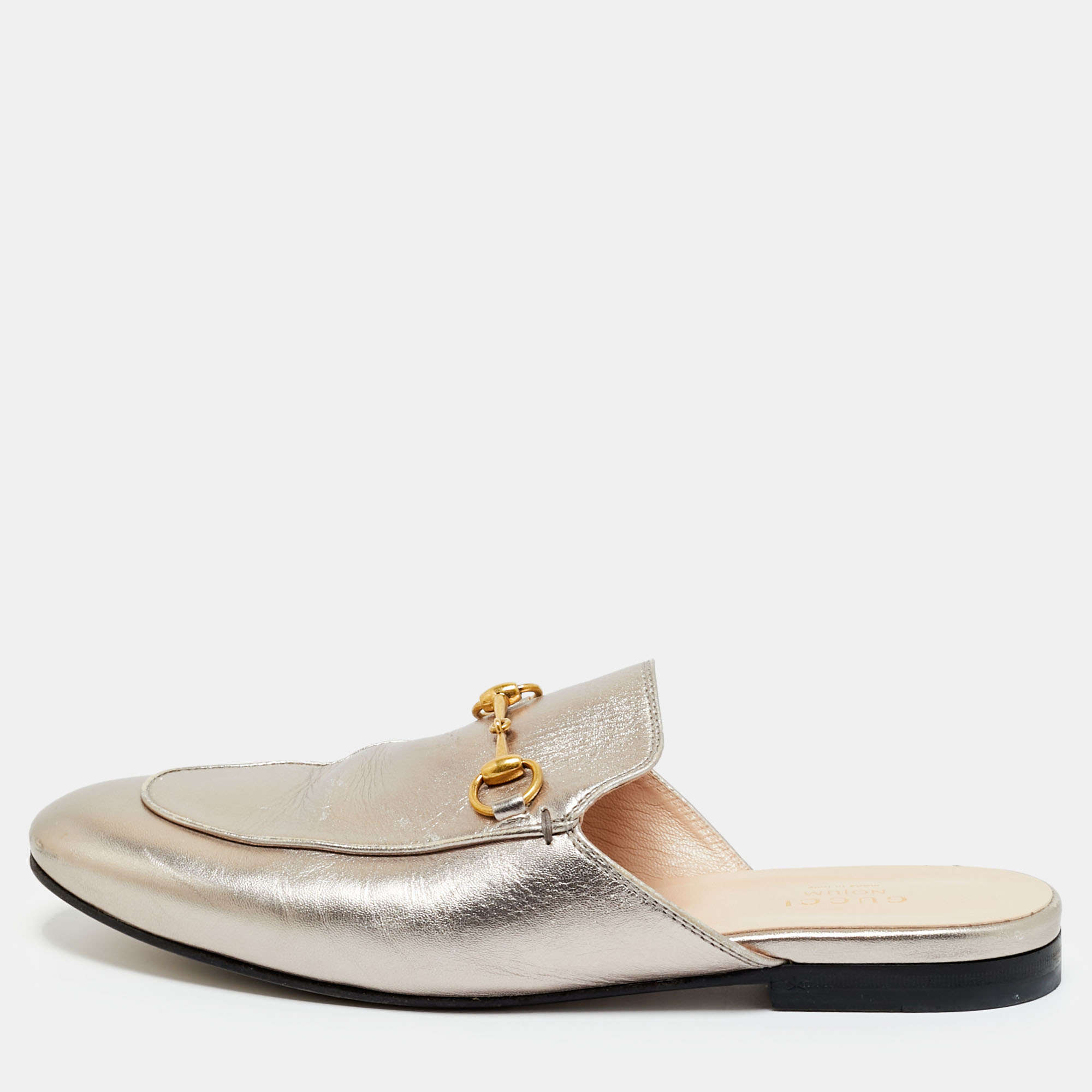 gucci silver leather horsebit princetown mules size 38.5