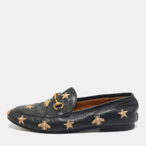 luxury-women-gucci-used-shoes-p1209825-001.jpg gucci black leather embroidered bee star horsebit slip on loafers size 39