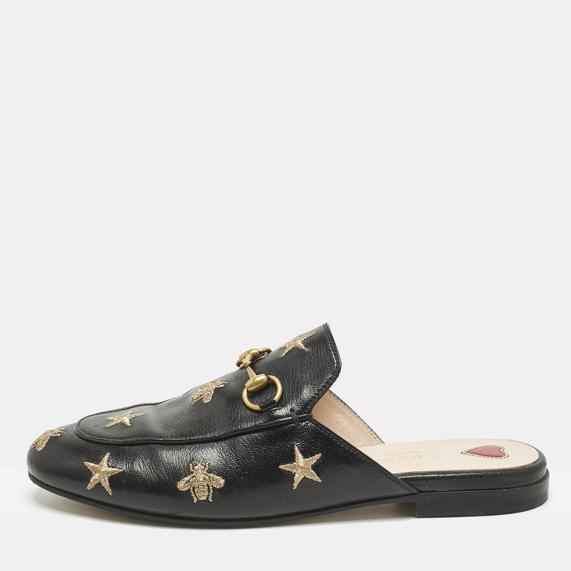 gucci black leather bee and star embroidered princetown flat mules size 37