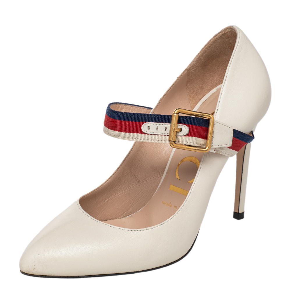 luxury-women-gucci-used-shoes-p475946-006.jpg Gucci Cream Leather Sylvie Mary Jane Pumps Size 36