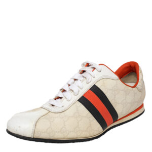 gucci white gg coated canvas and leather web low top sneakers size 39.5