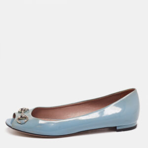 gucci grey patent leather horsebit peep toe ballet flats size 36.5