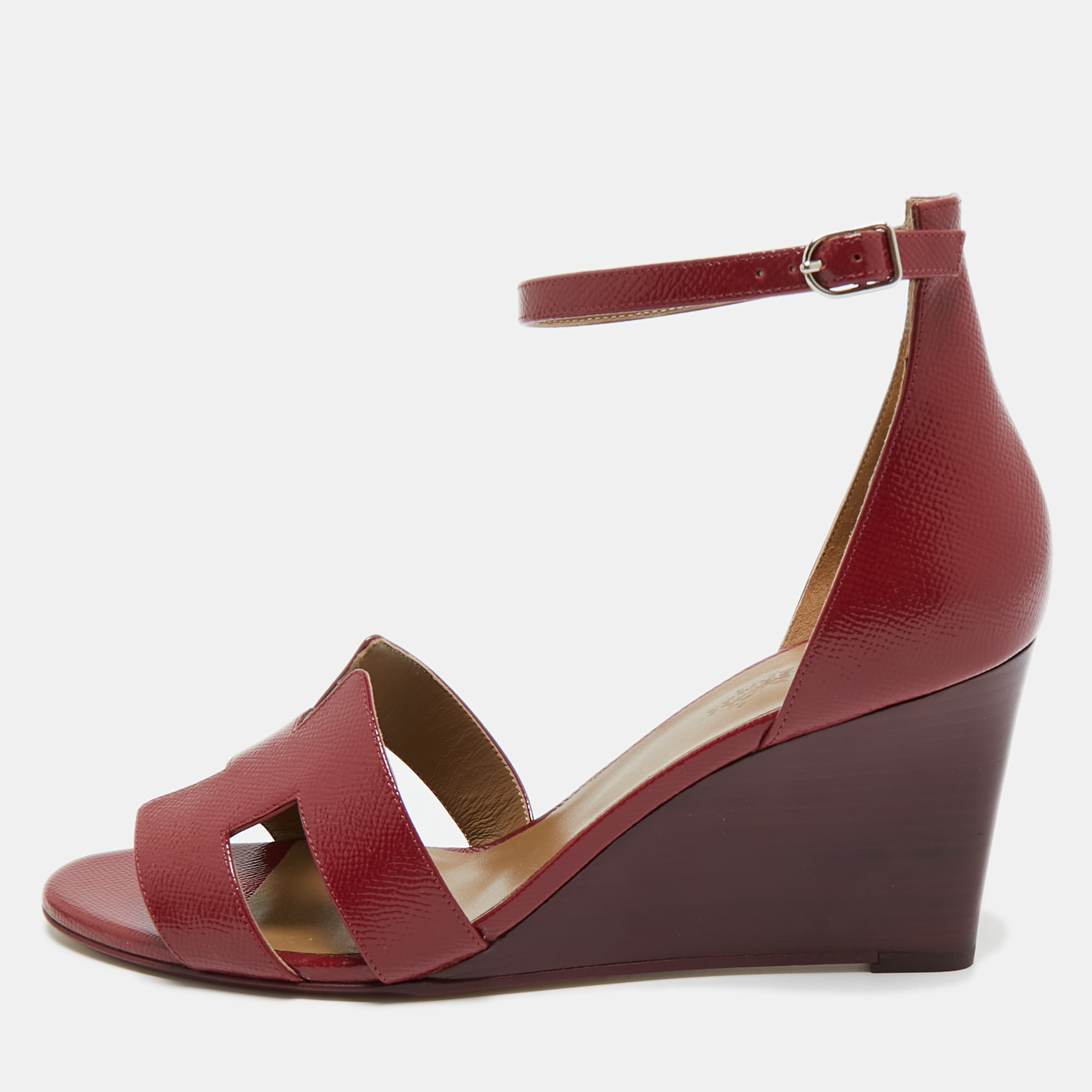hermes burgundy patent leather legend wedge sandals size 42
