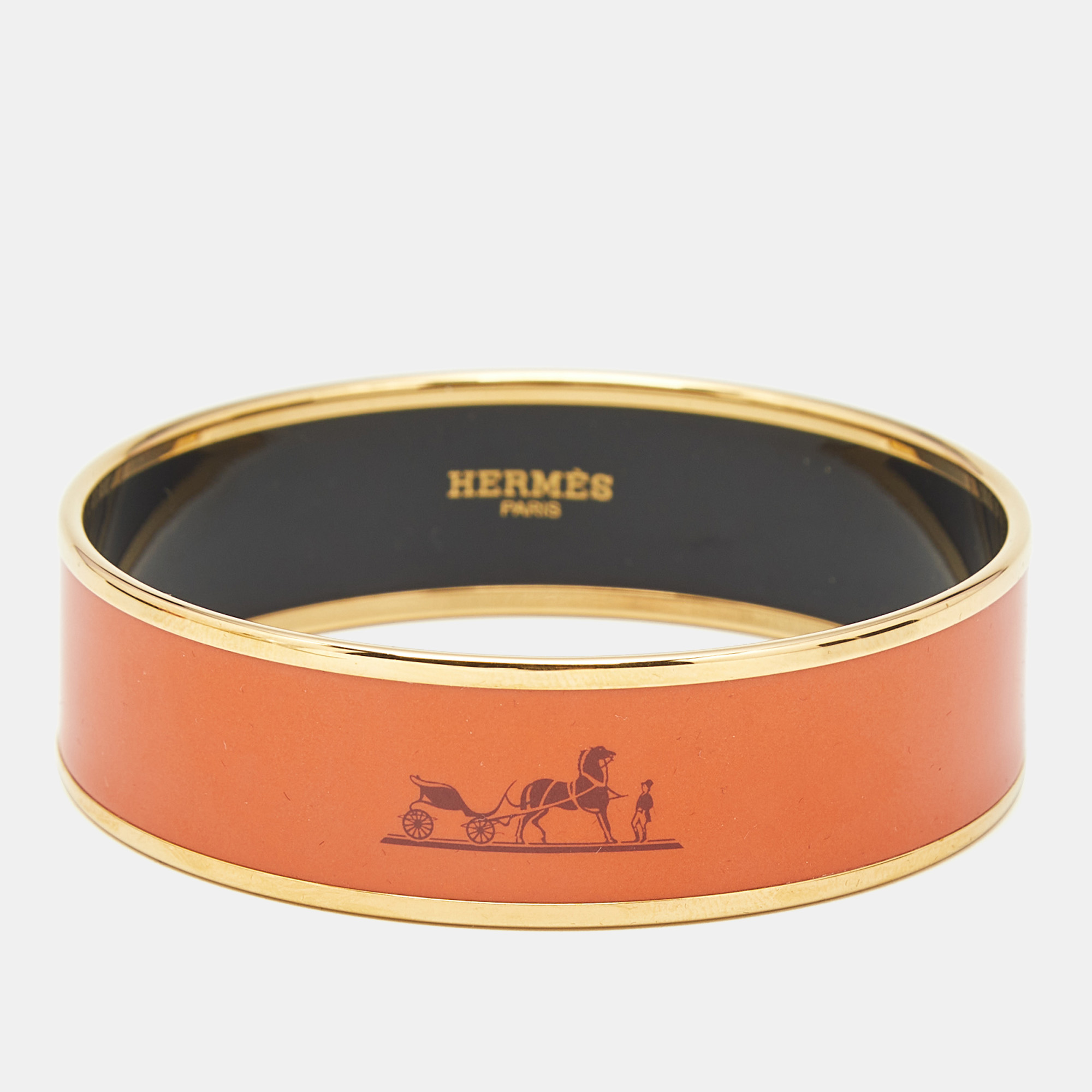 hermes caleche orange enamel gold plated bracelet