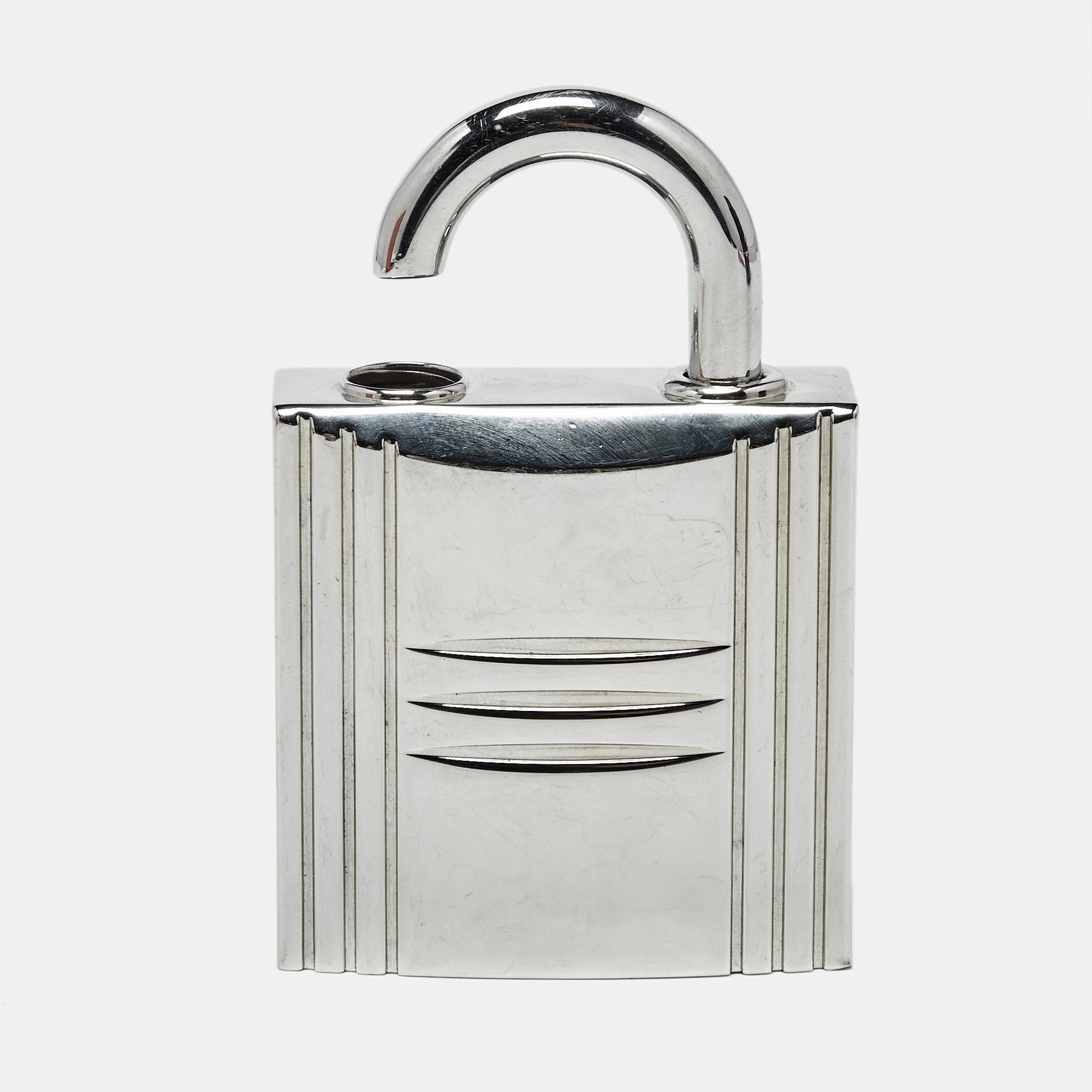 herm&egrave;s padlock silver tone refillable parfum bag charm