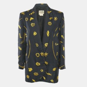 herm&egrave;s vintage navy blue scarf print silk blazer l