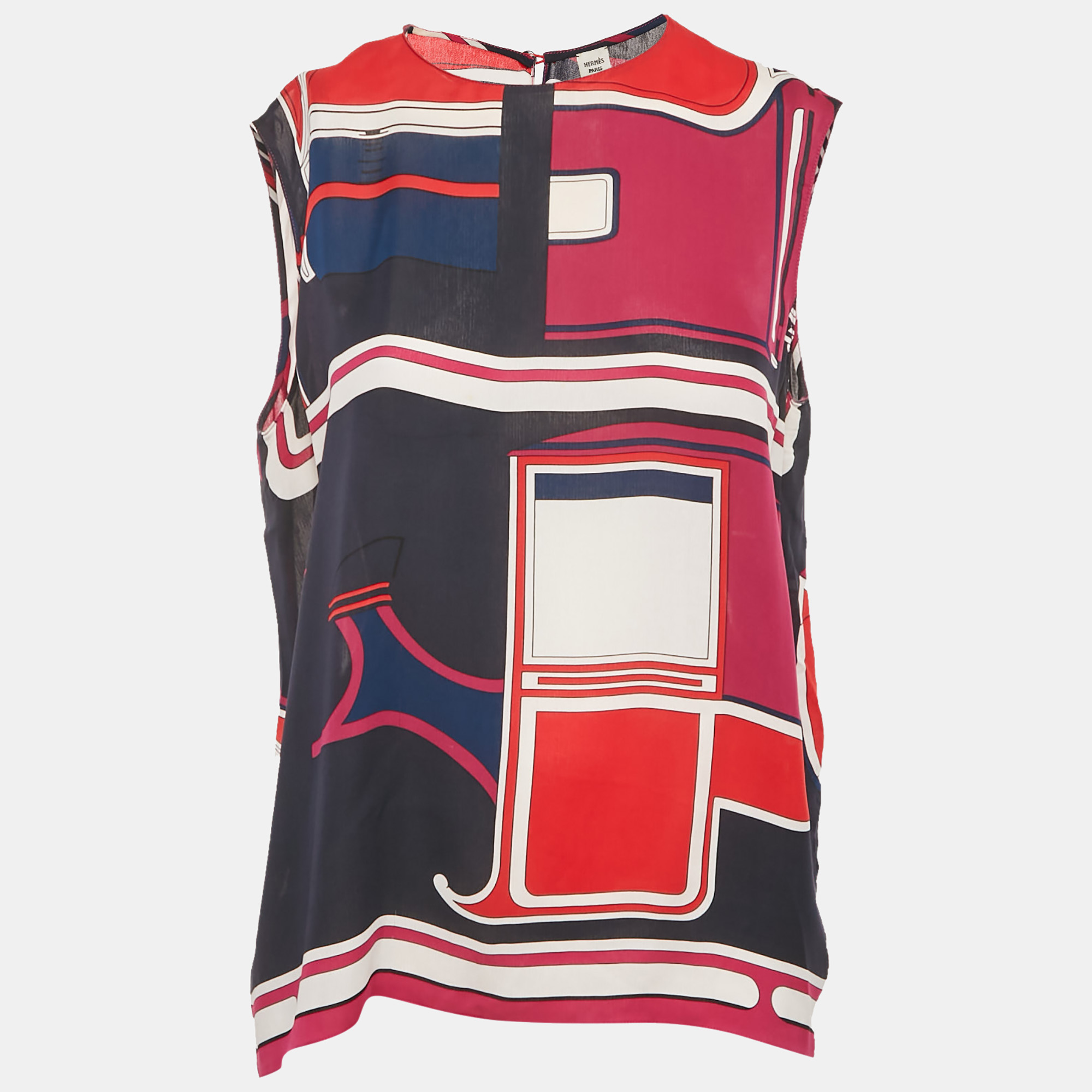 hermes multicolor printed silk sleeveless top m