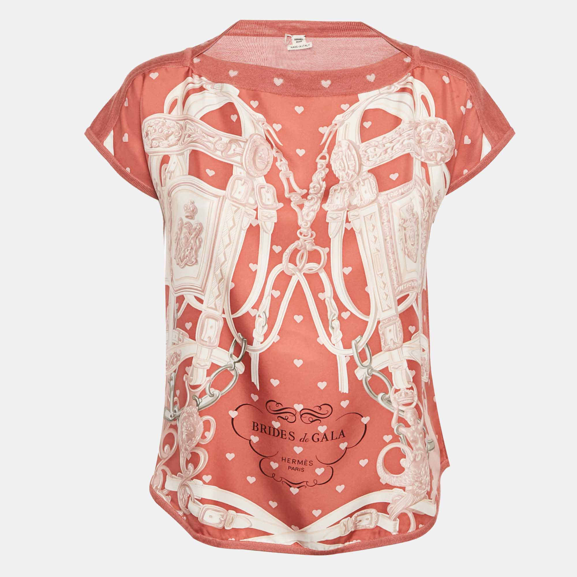 herm&egrave;s pink printed silk and knit brides de gala t-shirt s