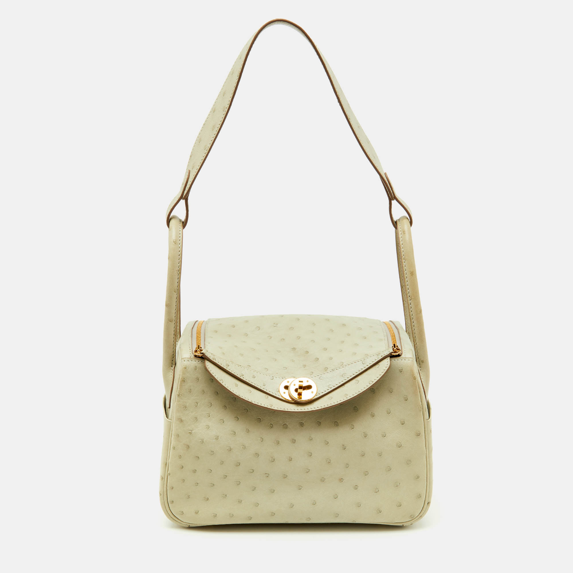 herm&egrave;s gris perle ostrich gold finish lindy 26 bag