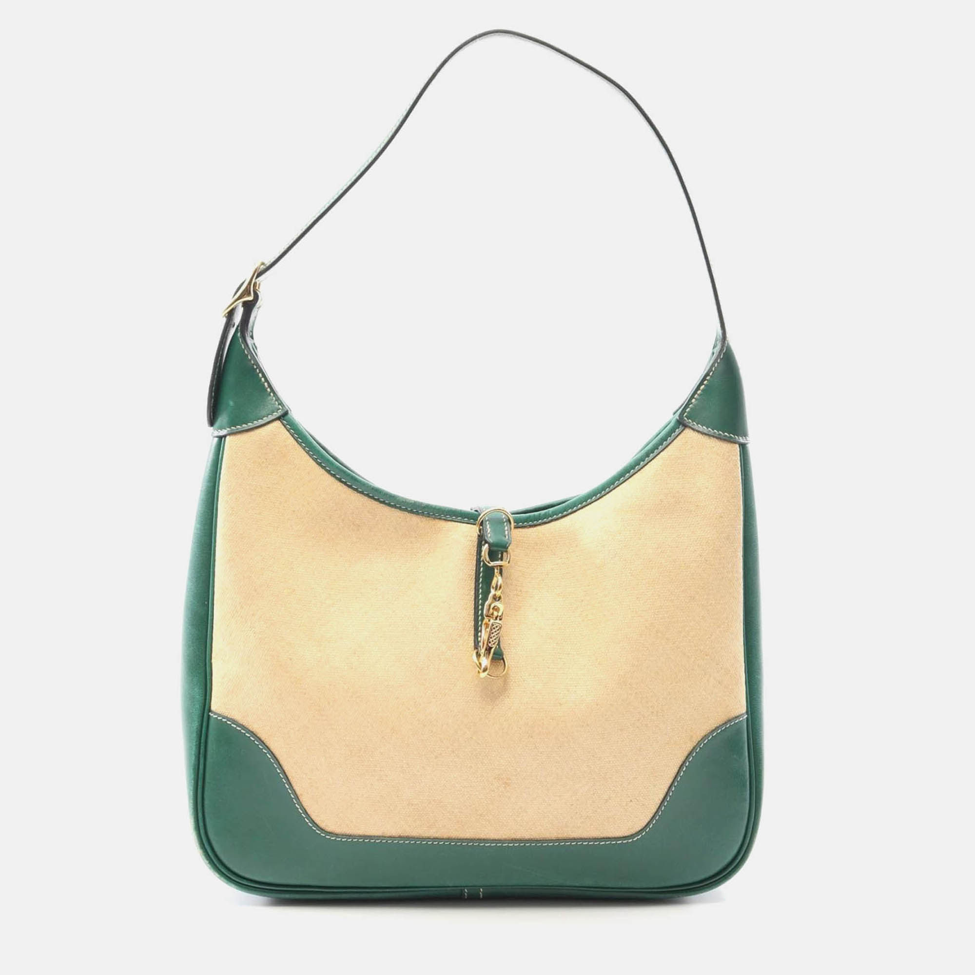 hermes trim toile h beige/green canvas leather shoulder bag 31