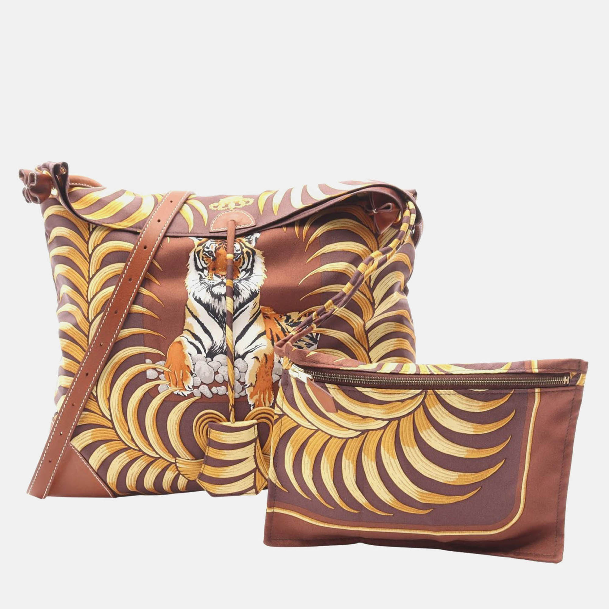 hermes silky city pm tigre royal  brown silk leather shoulder bag