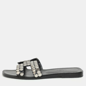 luxury-women-hermes-used-shoes-p1174579-007.jpg hermès black leather clou de selle embellished oran flat slides size 39
