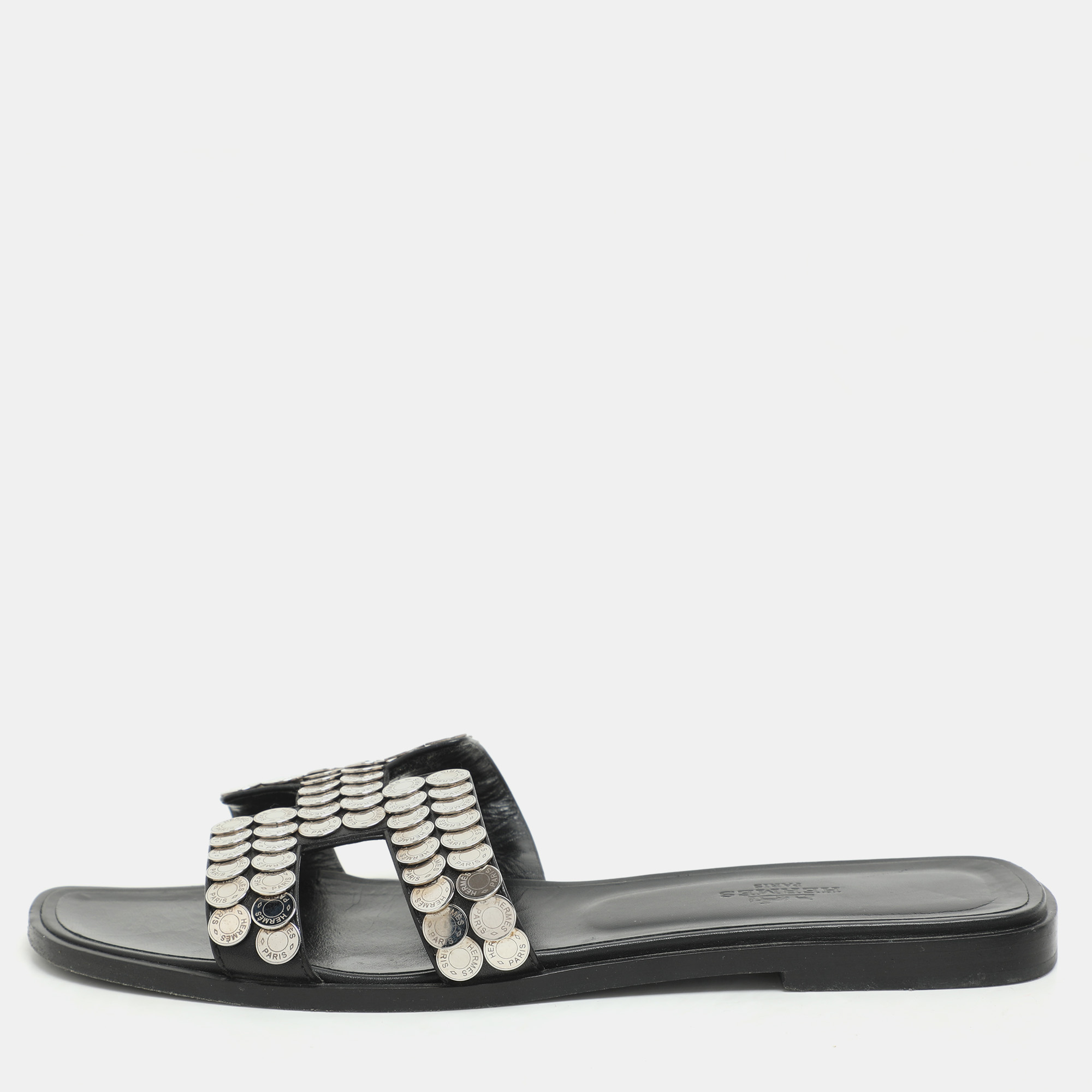 herm&egrave;s black leather clou de selle embellished oran flat slides size 39