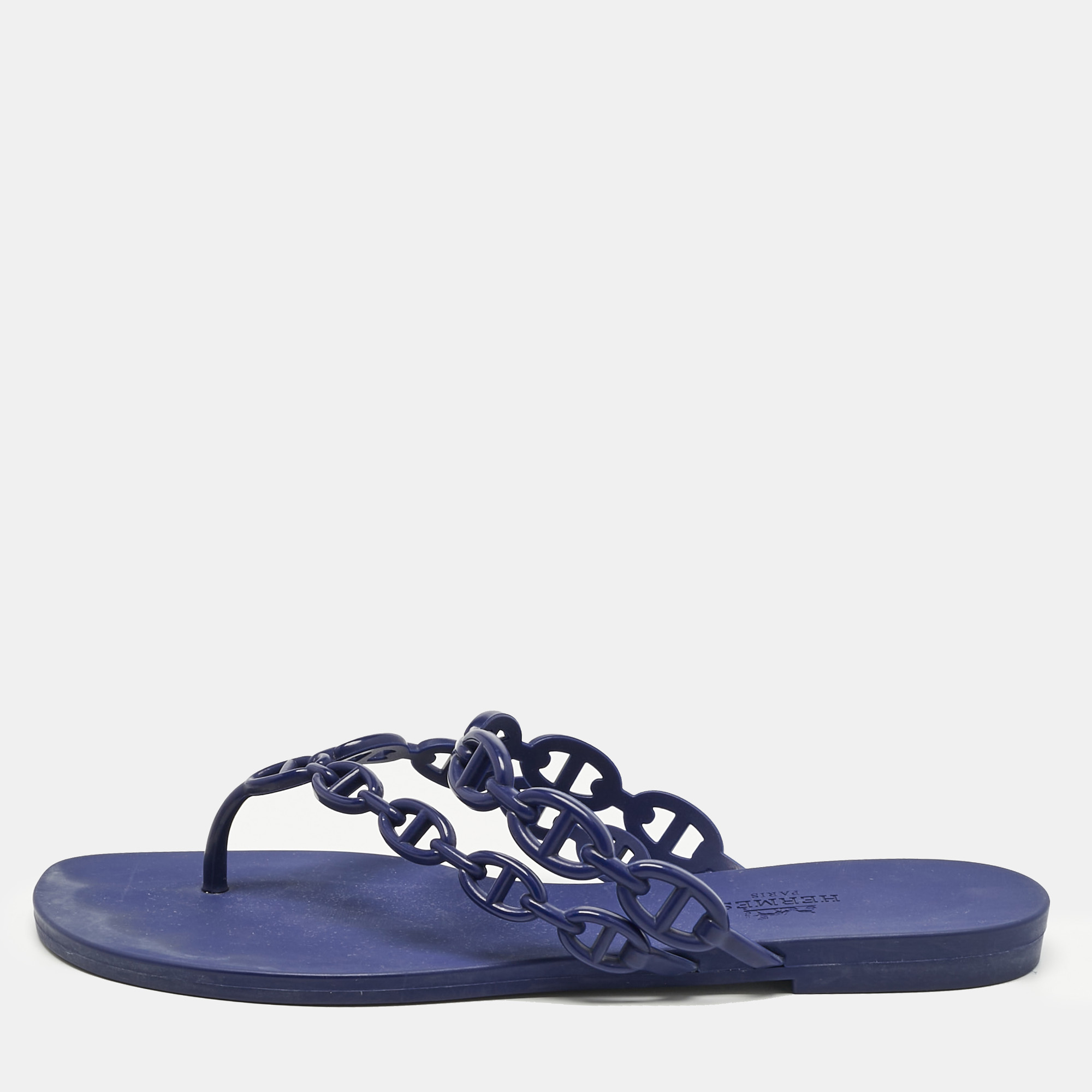 hermes navy blue rubber island flat slides size 39