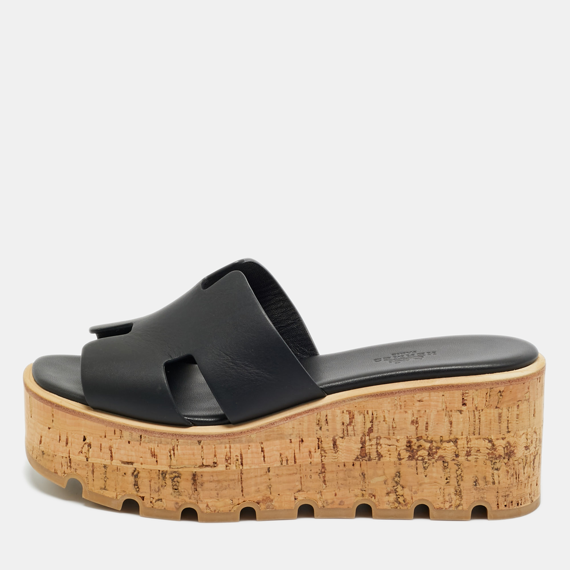 hermes black leather eze platform cork wedge sandals size 37