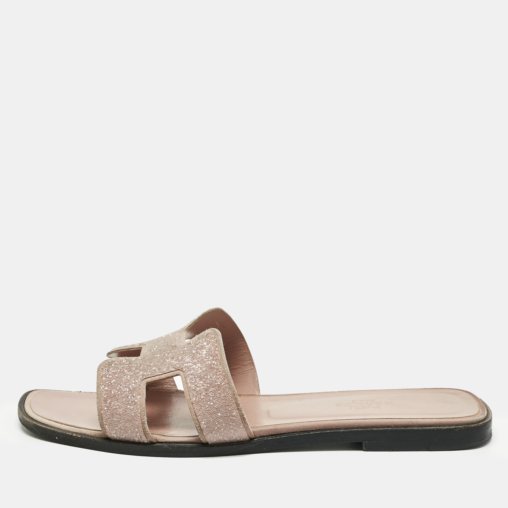 hermes pink crystal suede oran flat slides size 37.5
