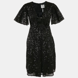 ingie paris black lace sequin v-neck flared short dress m