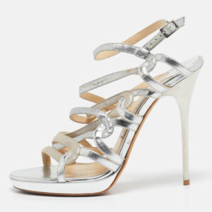 jimmy choo silver glitter and leather lance ankle strap sandals size 38