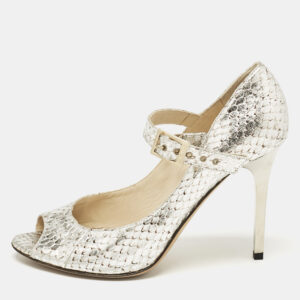jimmy choo silver python embossed leather mary jane pumps size 38.5