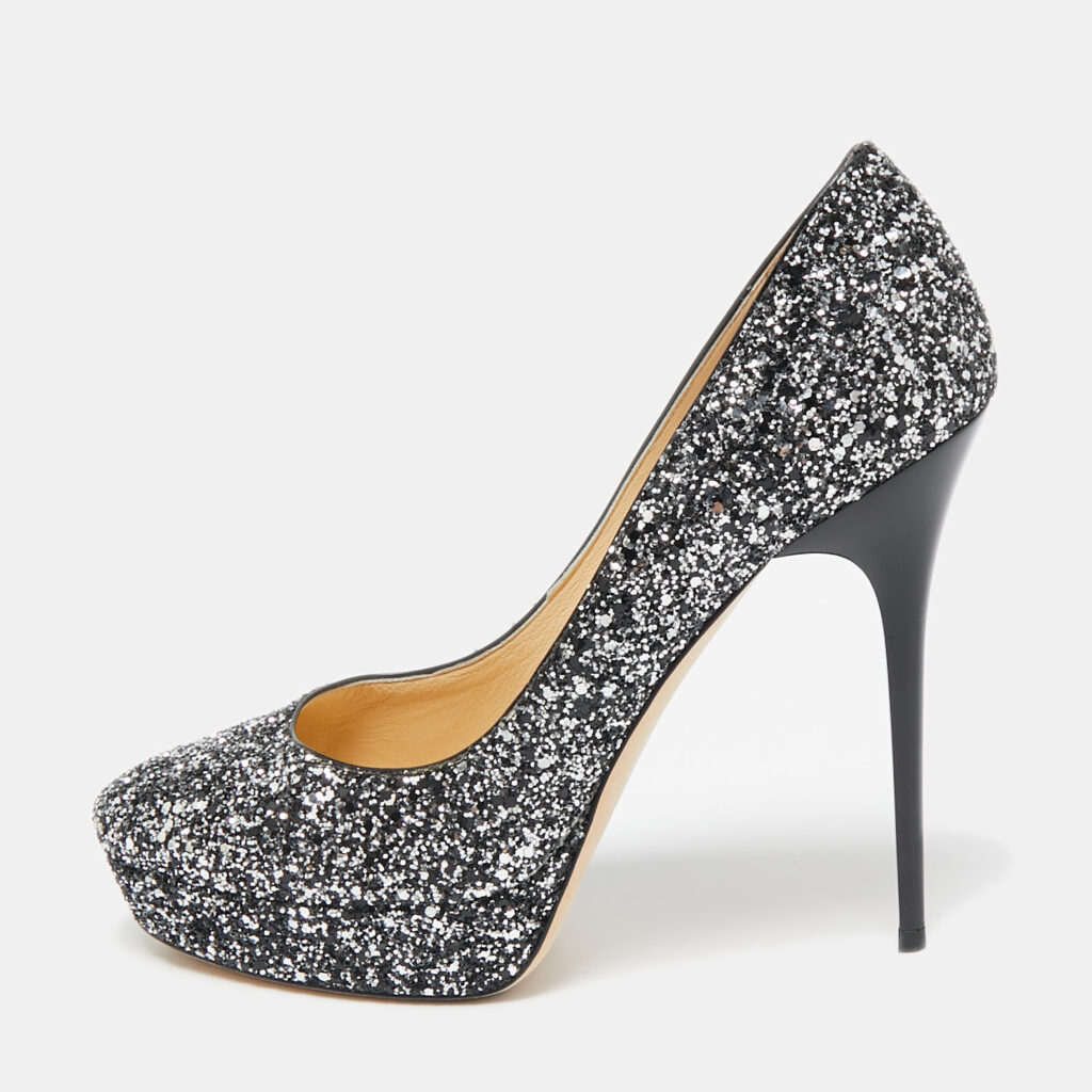 luxury-women-jimmy-choo-used-shoes-p1107595-001.jpg Jimmy Choo Silver/Black Glitter Cosmic Platform Pumps Size 39.5
