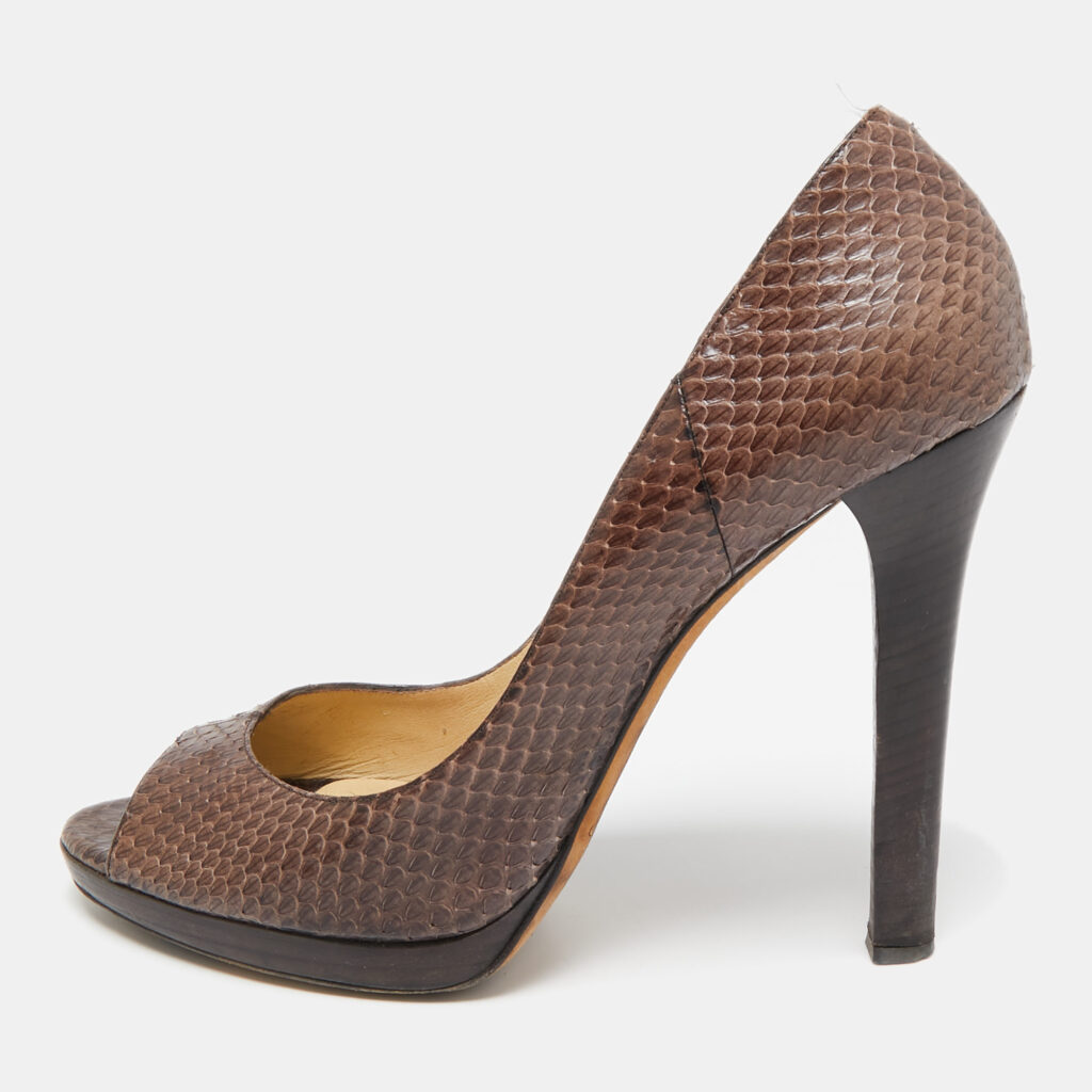 luxury-women-jimmy-choo-used-shoes-p1107802-005.jpg Jimmy Choo Brown Python Leather Peep Toe Pumps Size 41