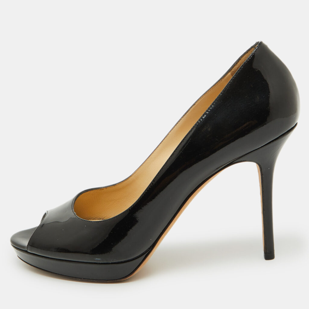 Jimmy Choo Black Patent Leather Crown Platform Peep Toe Pumps Size 39.5
