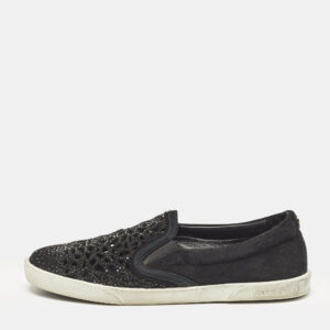 jimmy choo black suede crystal embellished cut-out slip on sneakers size 36