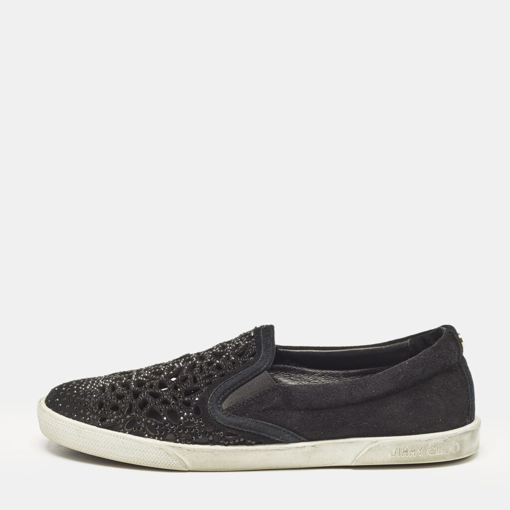 luxury-women-jimmy-choo-used-shoes-p1110513-003.jpg Jimmy Choo Black Suede Crystal Embellished Cut-Out Slip On Sneakers Size 36