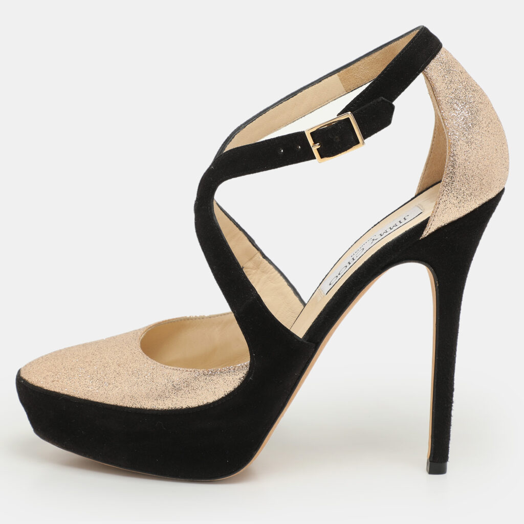 luxury-women-jimmy-choo-used-shoes-p1136663-010.jpg Jimmy Choo Black Suede And Gold Glitter Fabric Round Toe Ankle Strap Platform Pumps Size 38.5