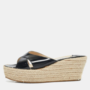 jimmy choo black patent leather phyllis wedge espadrille sandals size 37.5
