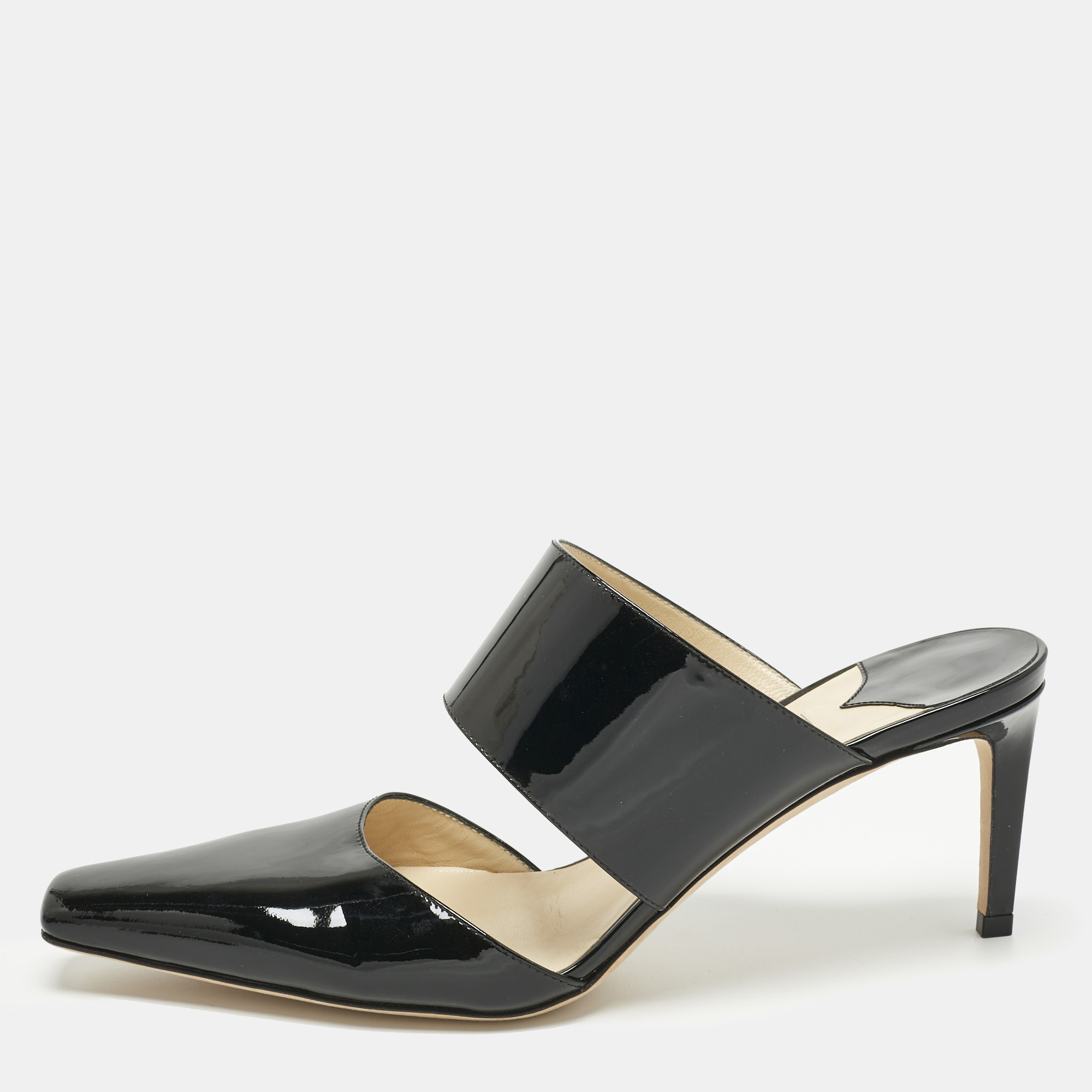 jimmy choo black patent leather hawke  pointed toe mules size 40