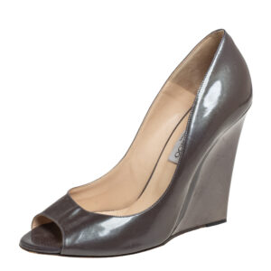 jimmy choo grey patent leather peep toe wedge pumps size 39.5