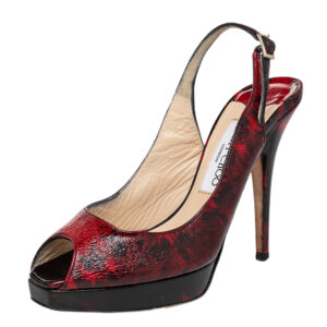 jimmy choo red/black patent leather clue peep toe slingback sandals size 36.5