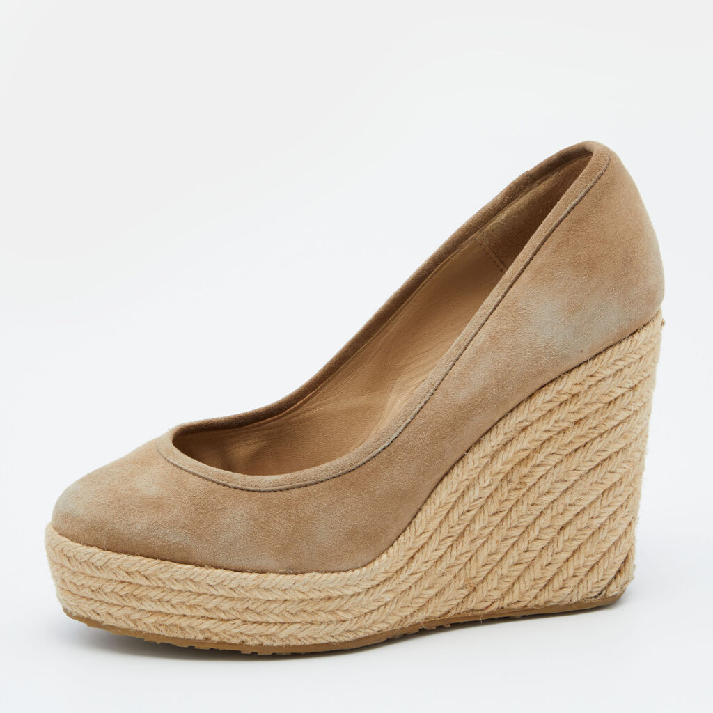 luxury-women-jimmy-choo-used-shoes-p663048-005.jpg Jimmy Choo Beige Suede Wedge Platform Pumps Size 38.5