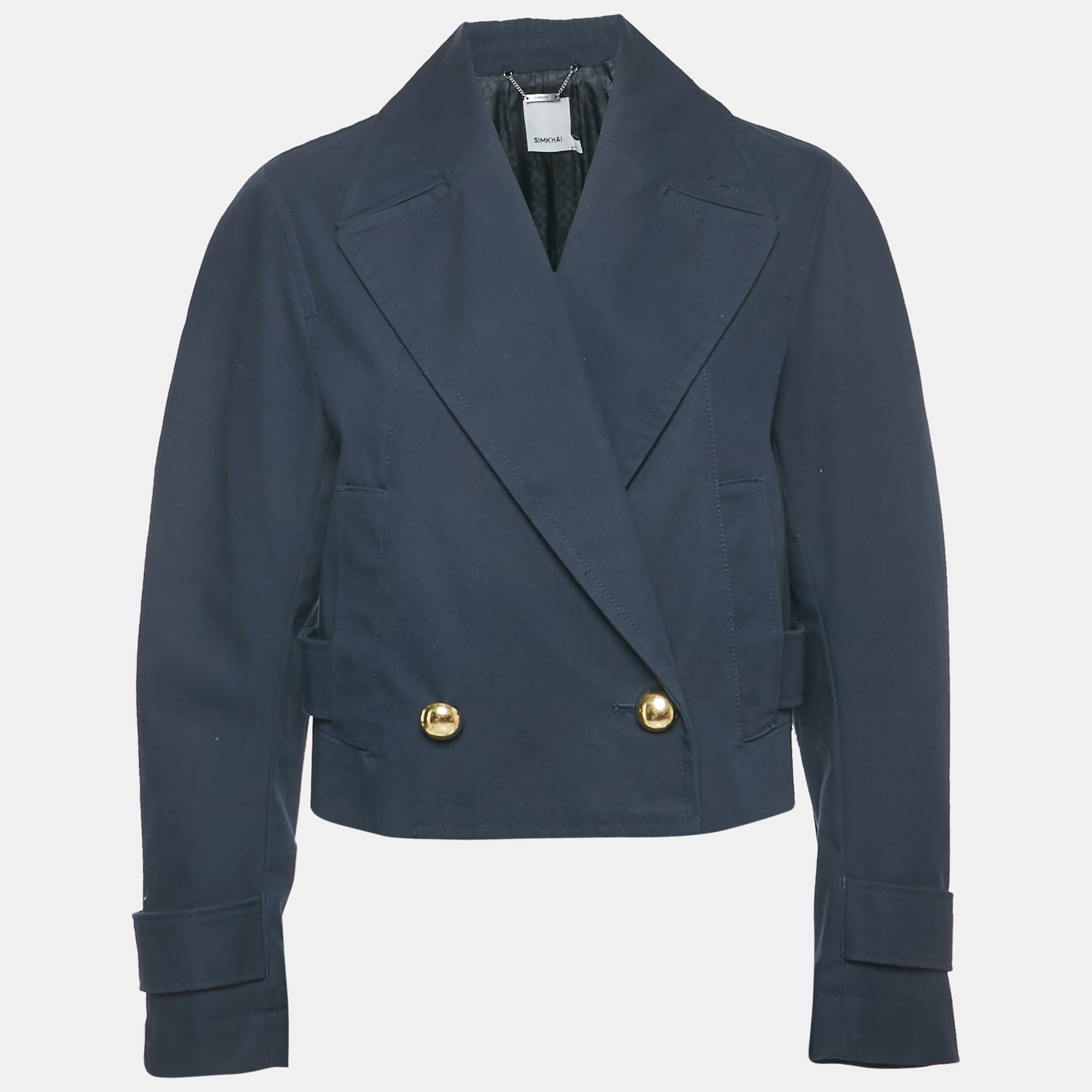 jonathan simkhai navy blue cotton double breasted olina cropped jacket s