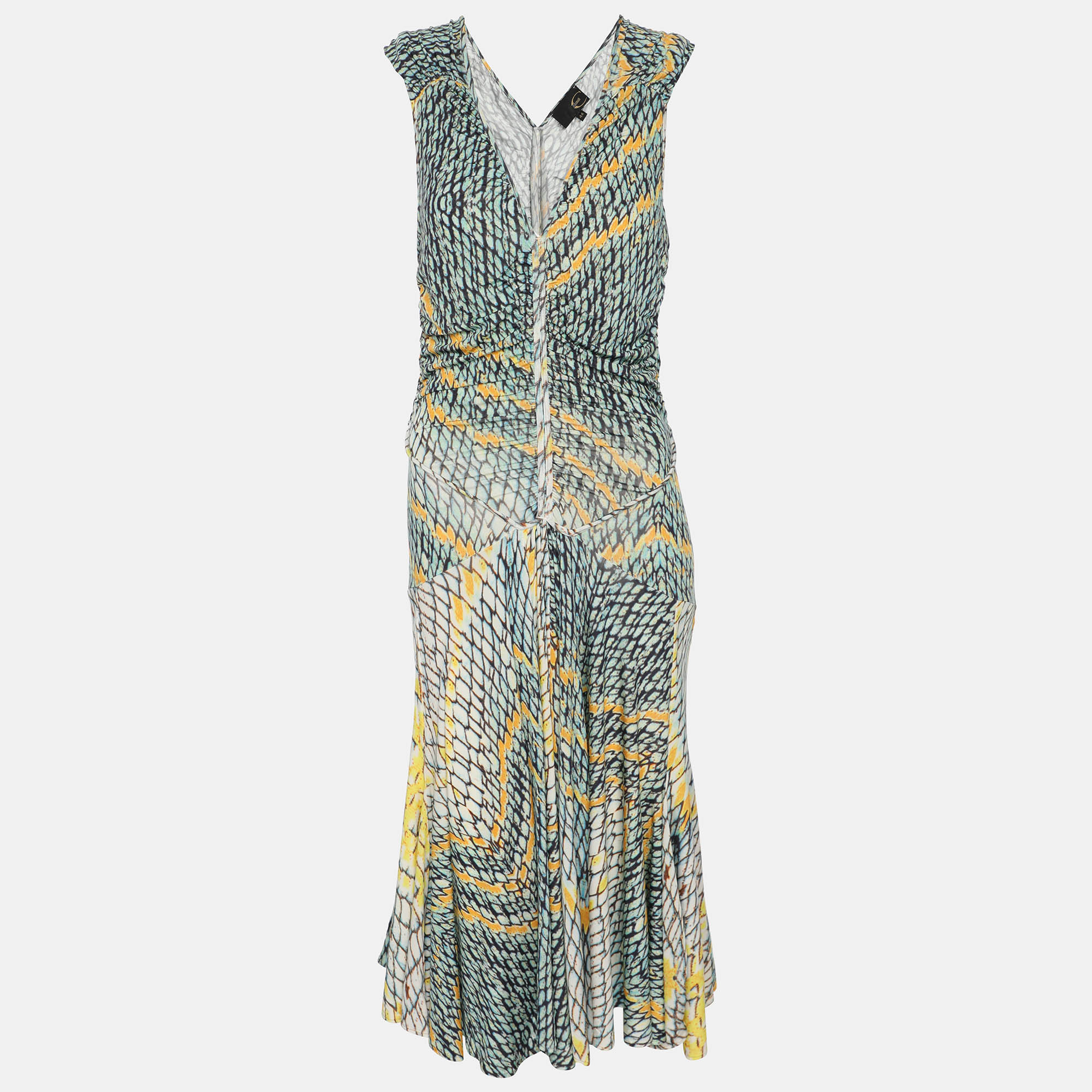 just cavalli multicolor printed stretch knit v neck sleeveless midi dress m