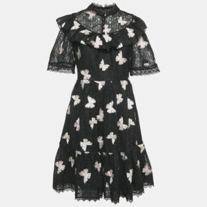 kate spade black butterfly embroidery lace ruffled short dress m