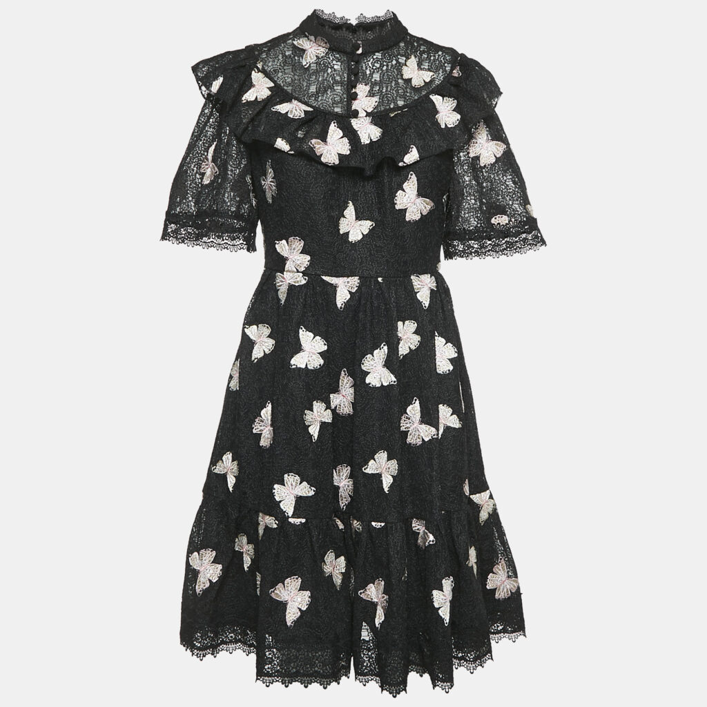 luxury-women-kate-spade-new-clothes-p1141551-007.jpg Kate Spade Black Butterfly Embroidery Lace Ruffled Short Dress M