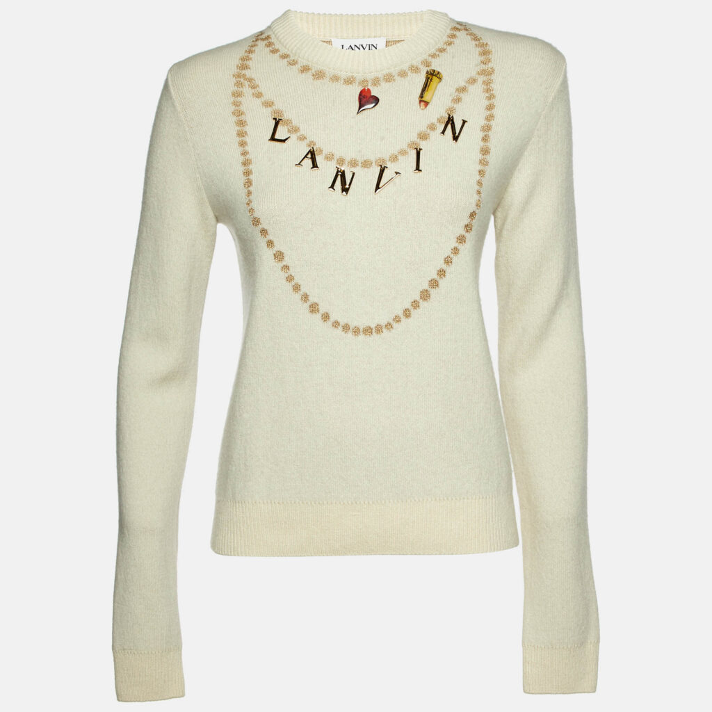 luxury-women-lanvin-used-clothes-p1113934-001.jpg Lanvin Cream Cashmere & Wool Knit Logo Charm Detail Sweater S