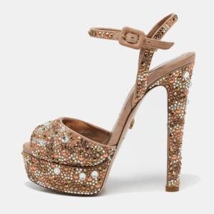 le silla beige suede crystal embellished platform ankle strap sandals size 37