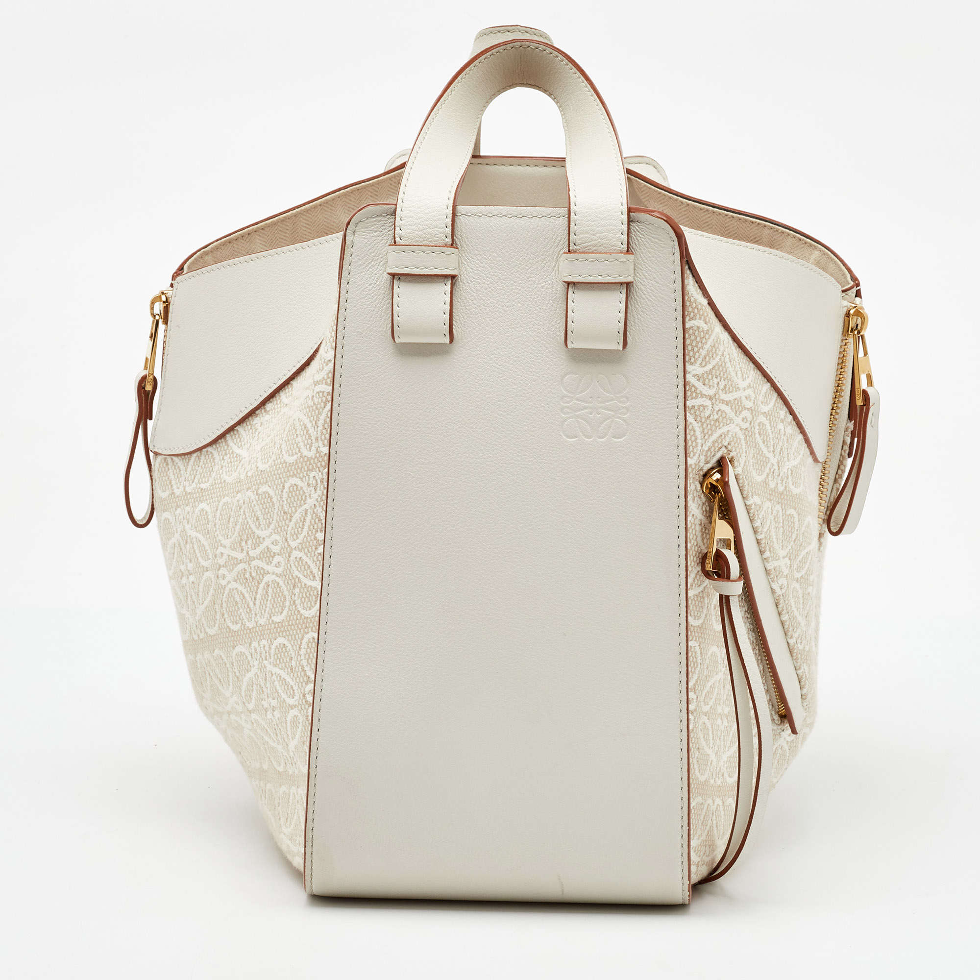 loewe white/ecru leather and anagram canvas small hammock bag