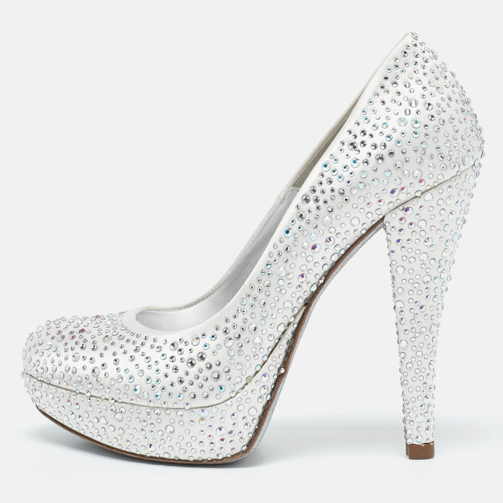 luxury-women-loriblu-used-shoes-p1137025-010.jpg Loriblu Silver Satin Crystal Embellished Platform Pumps Size 36.5